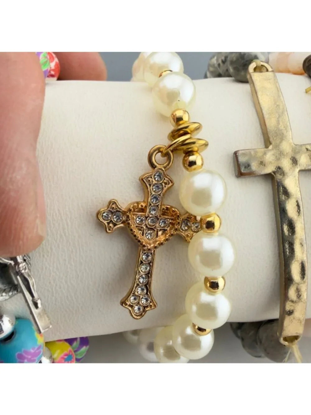 Mixed Cross Charm Beaded Stretch Bracelets Set Of 6 Multicolor